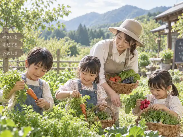 子どもたちが畑で野菜を収穫する体験イメージ