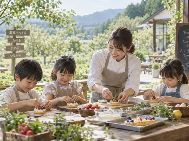 農園のそばで子どもたちがお菓子づくりを楽しむ体験イメージ
