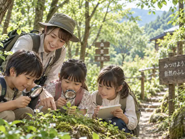 子どもたちが木々の中で植物や生きものを観察する体験イメージ